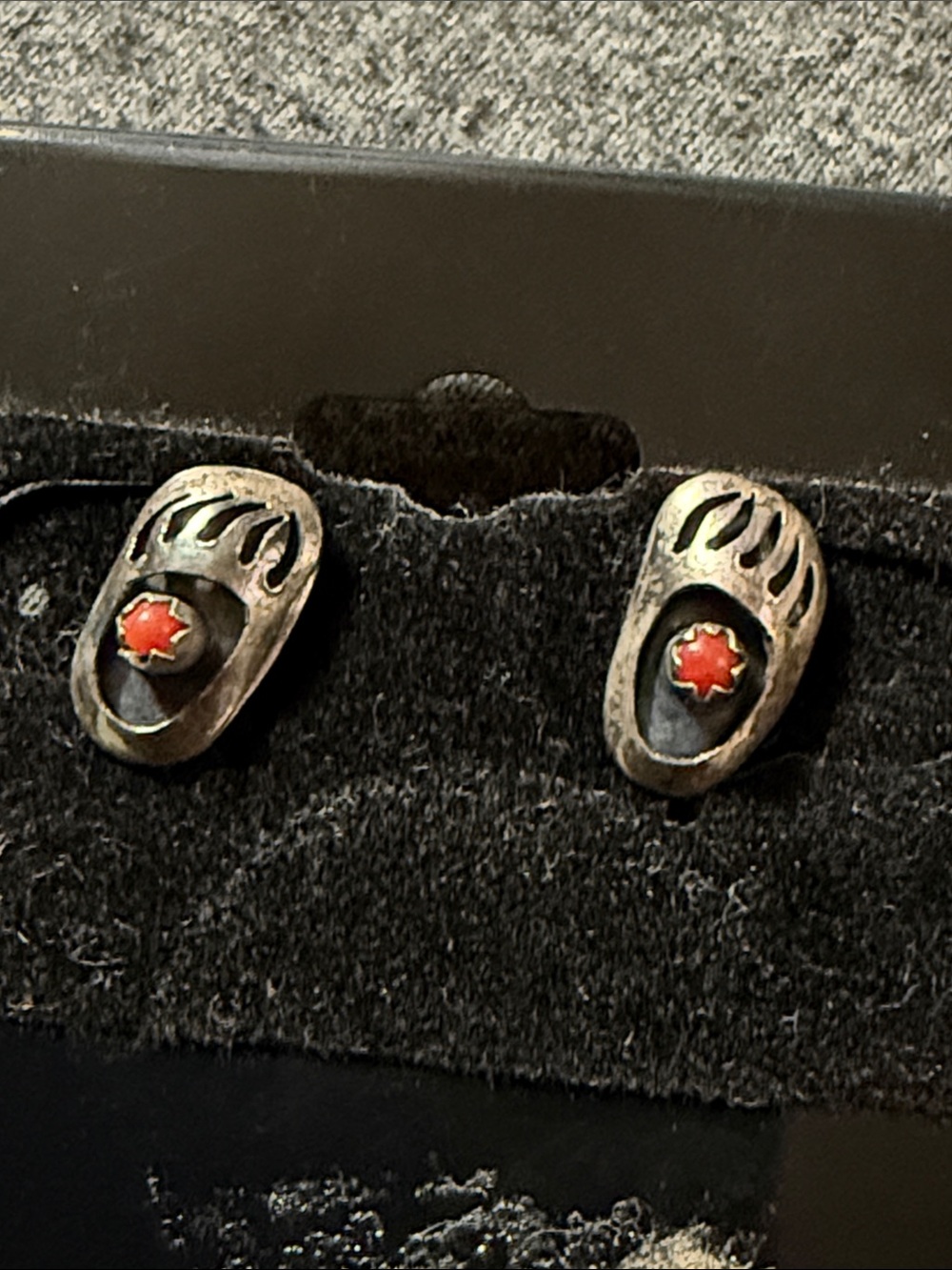 Sterling native made Bear Paw Stud Earrings with corral Accent Stone